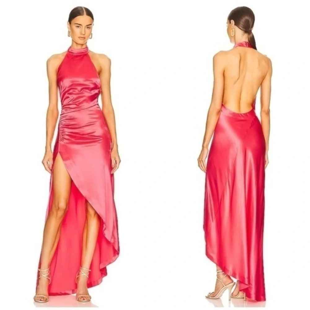 NWT Retrofete Dress Sabrina Cowl Halter Neck Open Back Maxi Gown in Satin Coral